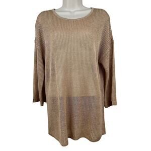 J. Jill Loose Knit Linen Sweater 3/4 Sleeve Tan Medium Coastal New England Beach